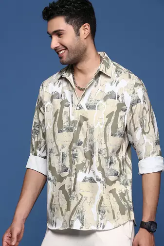 men's abstract slim fit beige shirt
