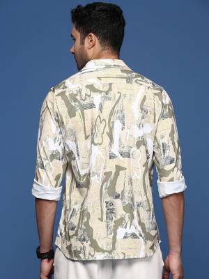 men's abstract slim fit beige shirt 4