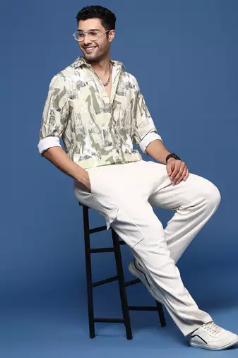 men's abstract slim fit beige shirt