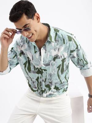 men's long sleeves abstract slim fit sea green shirt 1