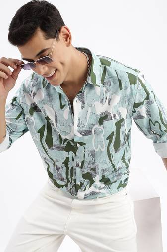 men's long sleeves abstract slim fit sea green shirt