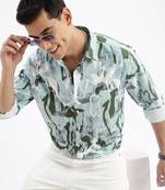 men's long sleeves abstract slim fit sea green shirt