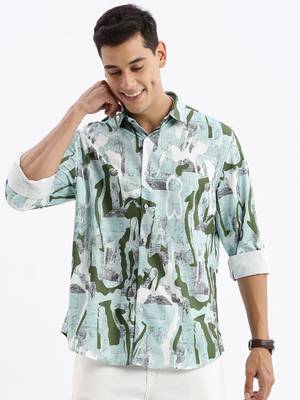 men's long sleeves abstract slim fit sea green shirt 2