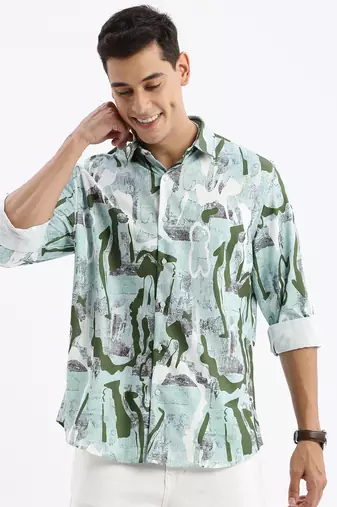 men's long sleeves abstract slim fit sea green shirt