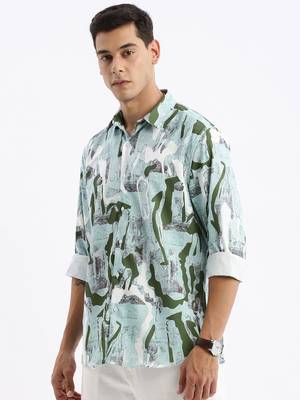 men's long sleeves abstract slim fit sea green shirt 3