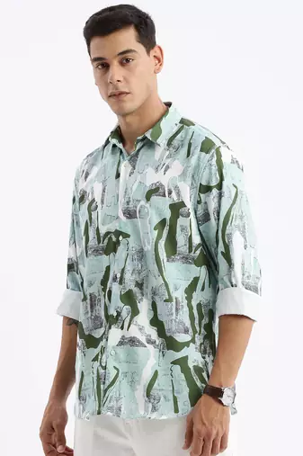 men's long sleeves abstract slim fit sea green shirt