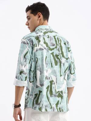 men's long sleeves abstract slim fit sea green shirt 4