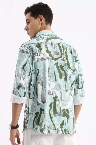 men's long sleeves abstract slim fit sea green shirt