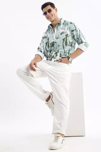 men's long sleeves abstract slim fit sea green shirt