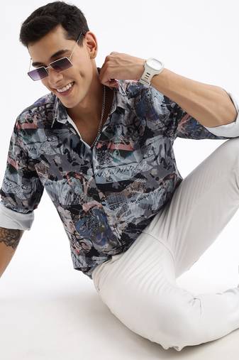 men's long sleeves abstract slim fit multi shirt