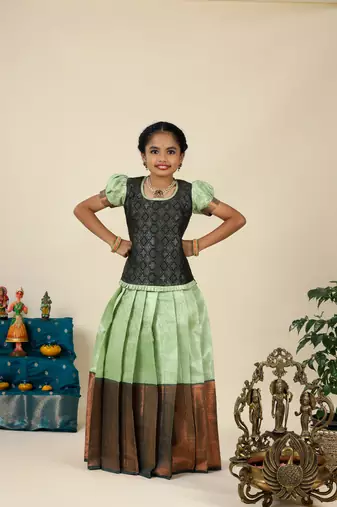 Green bubble grass  pattu pavadai for girls