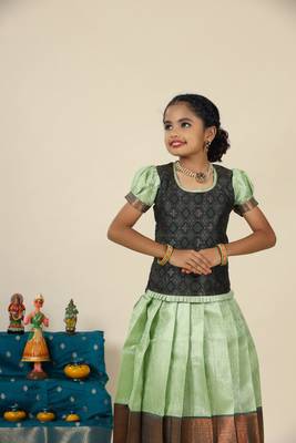 Green bubble grass  pattu pavadai for girls 5