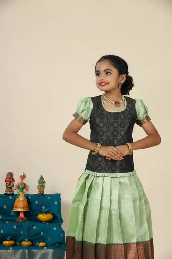 Green bubble grass  pattu pavadai for girls
