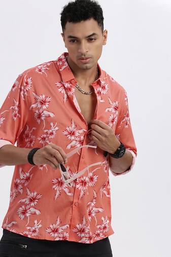 men's peach floral slim fit shirt