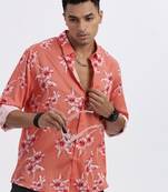 men's peach floral slim fit shirt