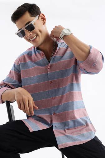 men's long sleeves stripes slim fit red shirt