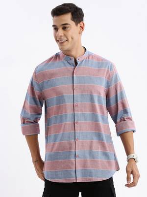 men's long sleeves stripes slim fit red shirt 2