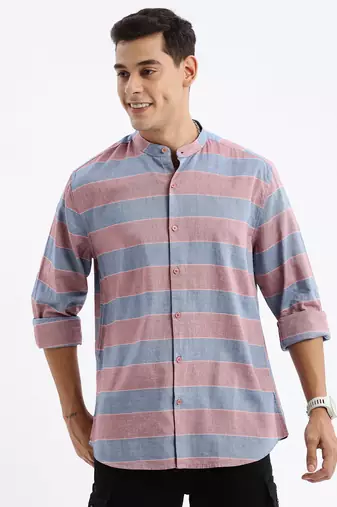 men's long sleeves stripes slim fit red shirt