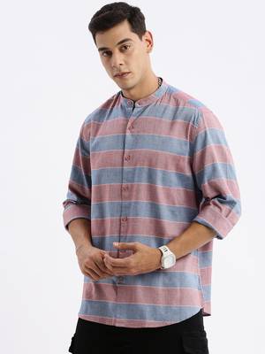 men's long sleeves stripes slim fit red shirt 3