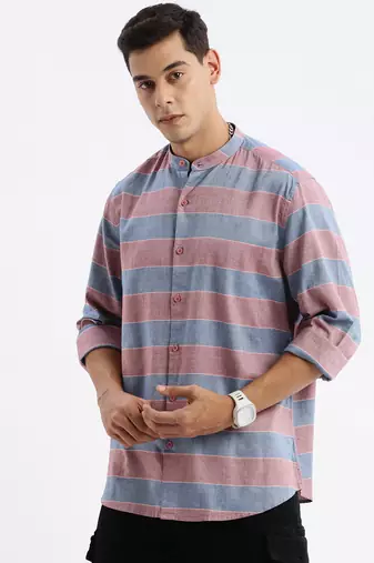 men's long sleeves stripes slim fit red shirt