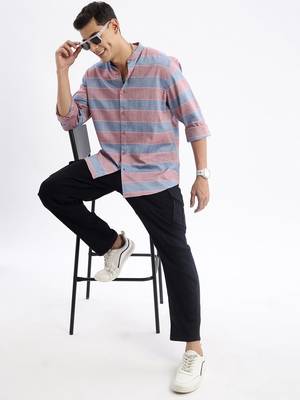 men's long sleeves stripes slim fit red shirt 5