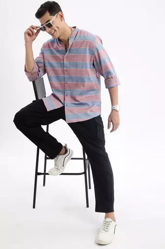 men's long sleeves stripes slim fit red shirt