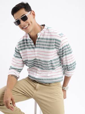 men's long sleeves stripes slim fit green shirt 1