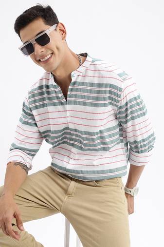 men's long sleeves stripes slim fit green shirt