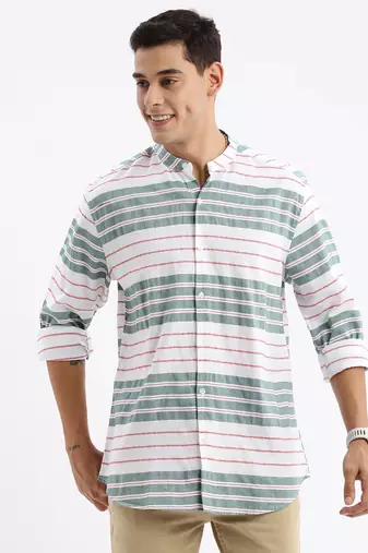 men's long sleeves stripes slim fit green shirt