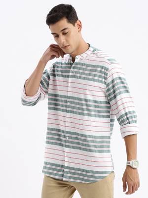 men's long sleeves stripes slim fit green shirt 3