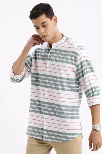 men's long sleeves stripes slim fit green shirt