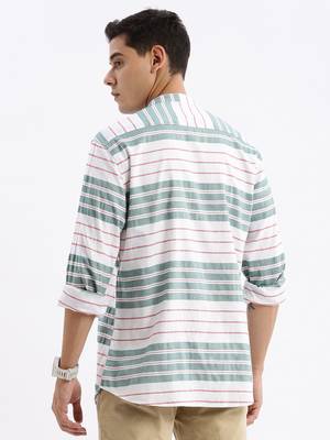men's long sleeves stripes slim fit green shirt 4