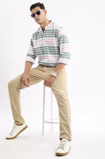 men's long sleeves stripes slim fit green shirt