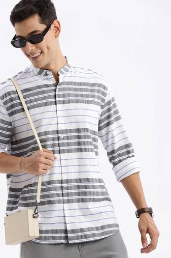 men's long sleeves stripes slim fit black shirt