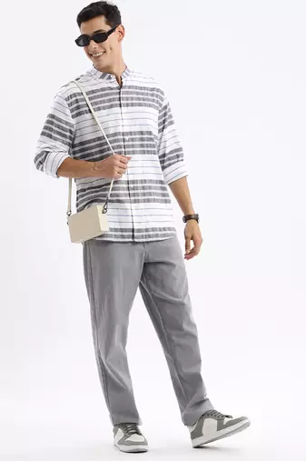 men's long sleeves stripes slim fit black shirt