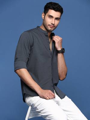 men's mandarin collar solid slim fit grey shirt 1