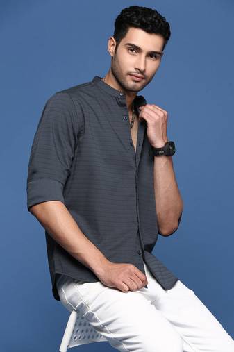 men's mandarin collar solid slim fit grey shirt