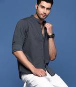 men's mandarin collar solid slim fit grey shirt