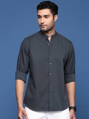 men's mandarin collar solid slim fit grey shirt 2