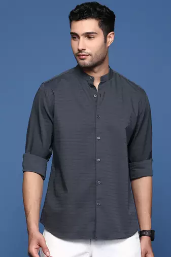 men's mandarin collar solid slim fit grey shirt