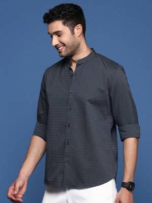 men's mandarin collar solid slim fit grey shirt 3