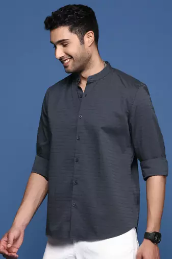 men's mandarin collar solid slim fit grey shirt