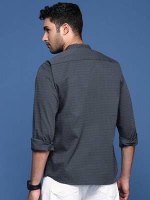 men's mandarin collar solid slim fit grey shirt 4
