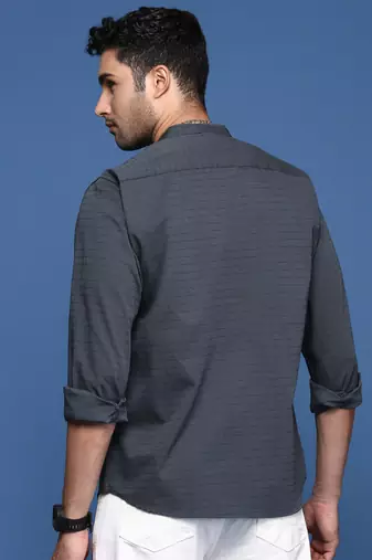 men's mandarin collar solid slim fit grey shirt