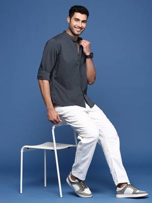 men's mandarin collar solid slim fit grey shirt 5