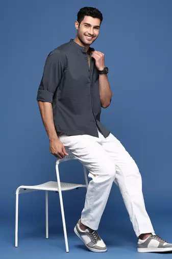 men's mandarin collar solid slim fit grey shirt