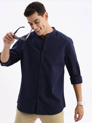 men's long sleeves solid slim fit navy blue shirt 1
