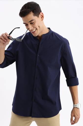 men's long sleeves solid slim fit navy blue shirt