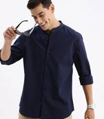 men's long sleeves solid slim fit navy blue shirt