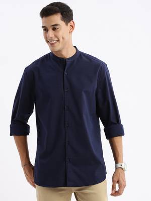 men's long sleeves solid slim fit navy blue shirt 2